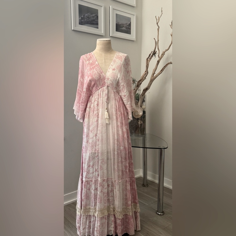 Pink & White Tassel Kaftan Maxi - NWT